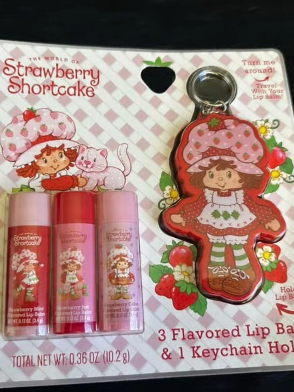 NWT Taste Beauty Strawberry Shortcake 3 flavored Lip Balms with Keychain Holder
